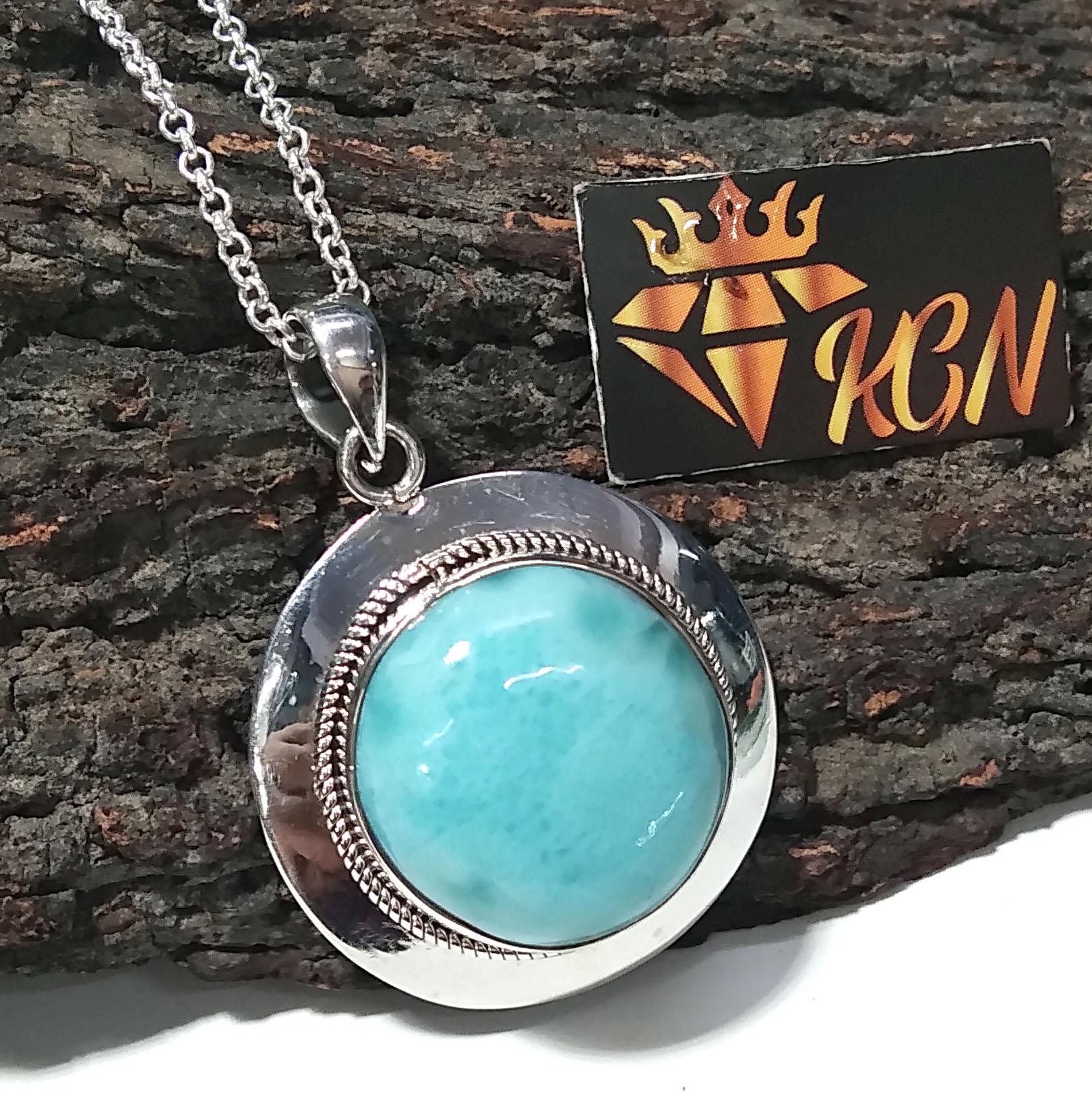 Larimar Chain Pendant Necklace, 925 Sterling Silver Pendant, Silver Designer Handmade Pendant, Marbled Round Shape Larimar Gemstone Pendant